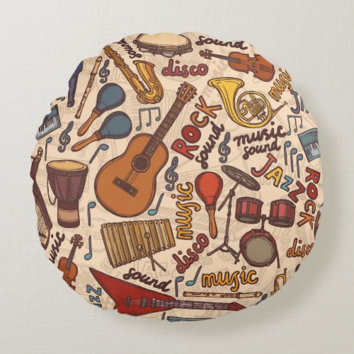 Musical Sketch Colorful Vintage Seamless Round Pillow