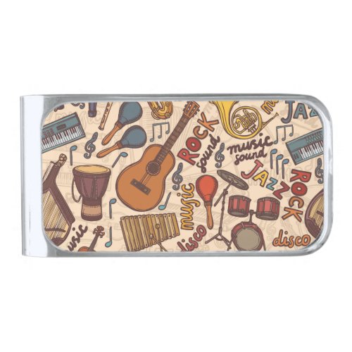 Musical Sketch Colorful Vintage Seamless Silver Finish Money Clip
