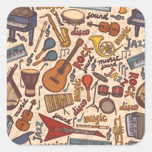 Musical Sketch Colorful Vintage Seamless Square Sticker