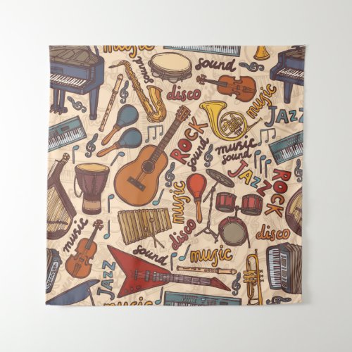 Musical Sketch Colorful Vintage Seamless Tapestry