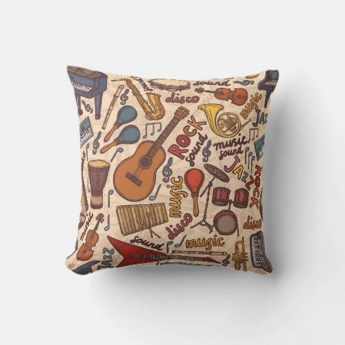 Musical Sketch Colorful Vintage Seamless Throw Pillow