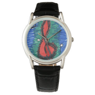 Musical staff note in red on blue & green watch