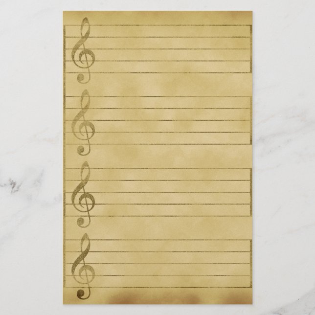 Musical Staff Treble Clef Parchment Design Lined Stationery (Front)