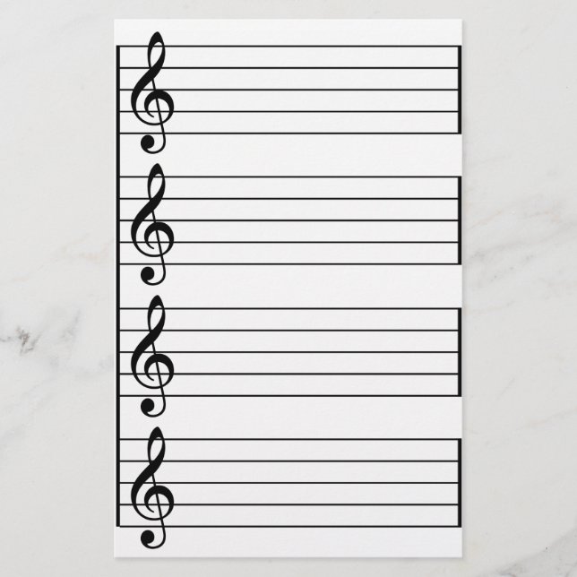 Musical Staff Treble G Clef Black And White Lined Stationery (Front)