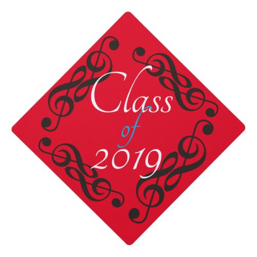 Musical Symbols wClass of 2019 on Bright Red Graduation Cap Topper