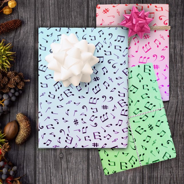 Musical Theme Various Music Notes Colourful Wrapping Paper Sheets (Variety of music notes on colourful backgrounds in blues, greens, pinks, purple gift wrapping sheets)