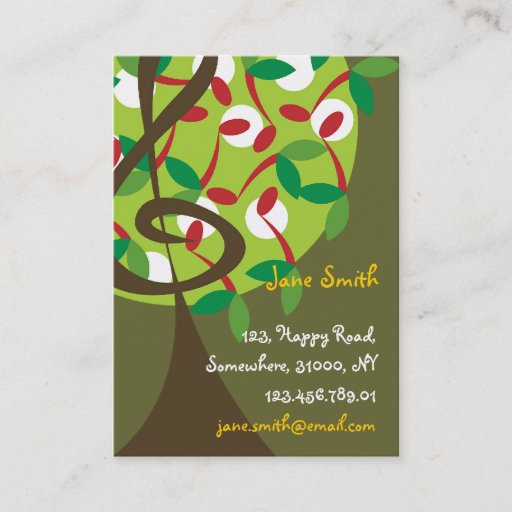 Customizable Musical Treble Cherry Notes Tree Whimsical Nature Business Card Template
