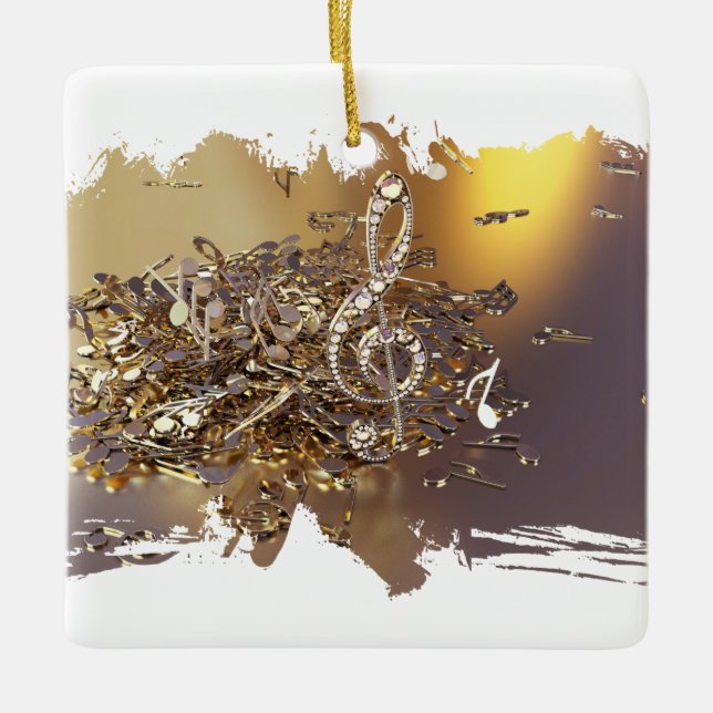 Musical treble clef and falling notes ceramic ornament (Front)