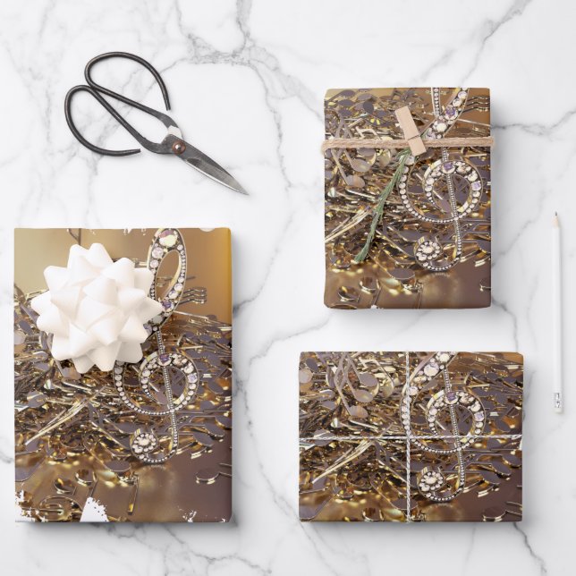 Musical treble clef and falling notes wrapping paper sheets (Front)