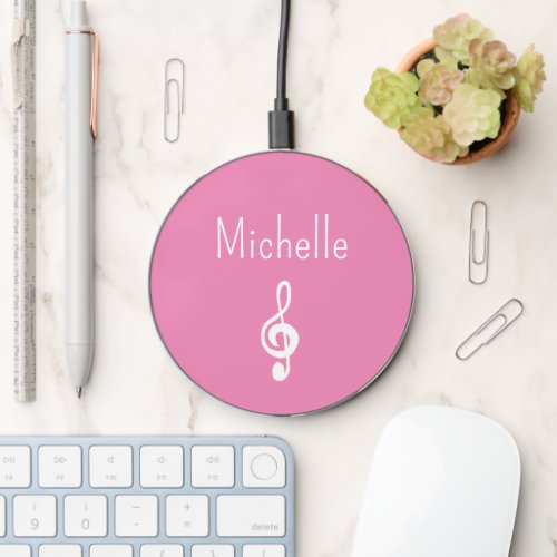 Musical Treble Clef Cute Pink Personalized   Wireless Charger