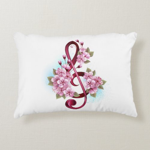 Musical treble clef notes with Sakura flowers Accent Pillow