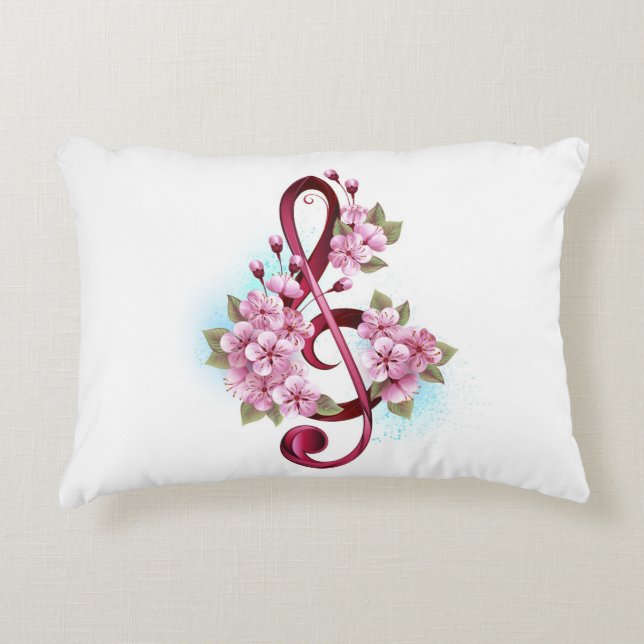 Musical treble clef notes with Sakura flowers Accent Pillow (Front)