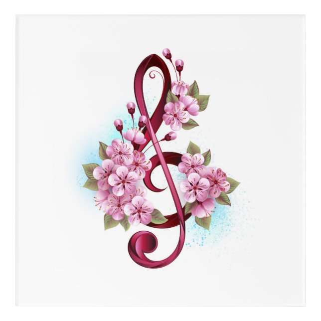Musical treble clef notes with Sakura flowers Acrylic Print (Front)