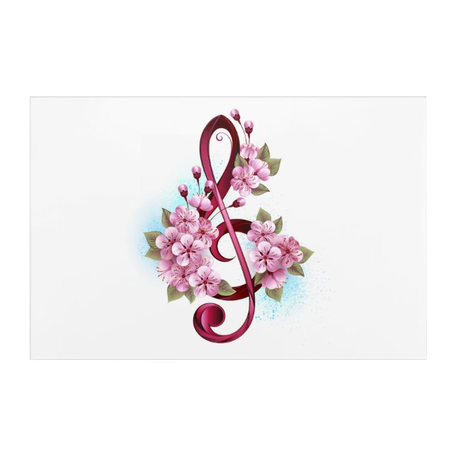 Musical treble clef notes with Sakura flowers Acrylic Print (Front)