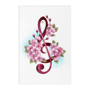 Musical treble clef notes with Sakura flowers Acrylic Print