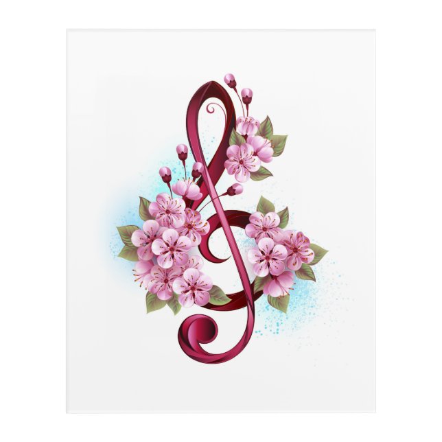 Musical treble clef notes with Sakura flowers Acrylic Print (Front)