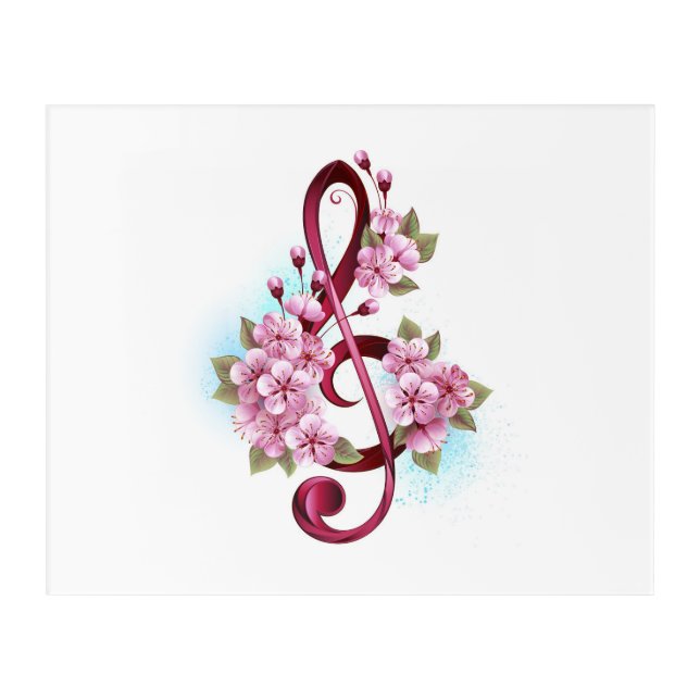 Musical treble clef notes with Sakura flowers Acrylic Print (Front)
