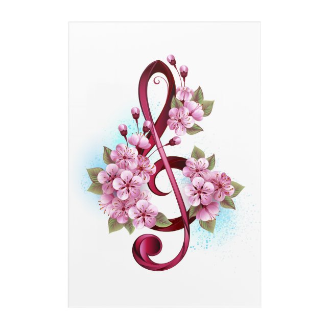 Musical treble clef notes with Sakura flowers Acrylic Print (Front)
