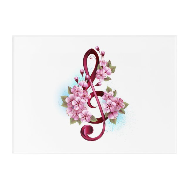 Musical treble clef notes with Sakura flowers Acrylic Print (Front)