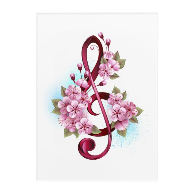 Musical treble clef notes with Sakura flowers Acrylic Print (Front)