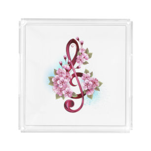 Musical treble clef notes with Sakura flowers Acrylic Tray