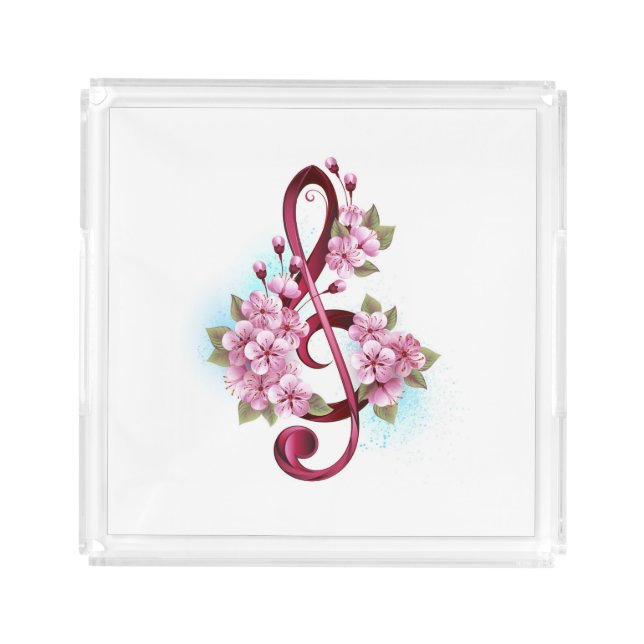 Musical treble clef notes with Sakura flowers Acrylic Tray (Front)