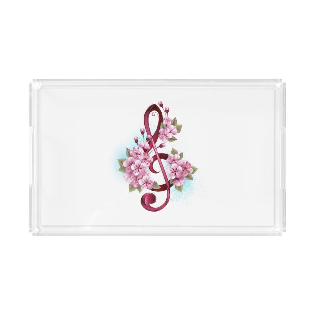 Musical treble clef notes with Sakura flowers Acrylic Tray (Front)