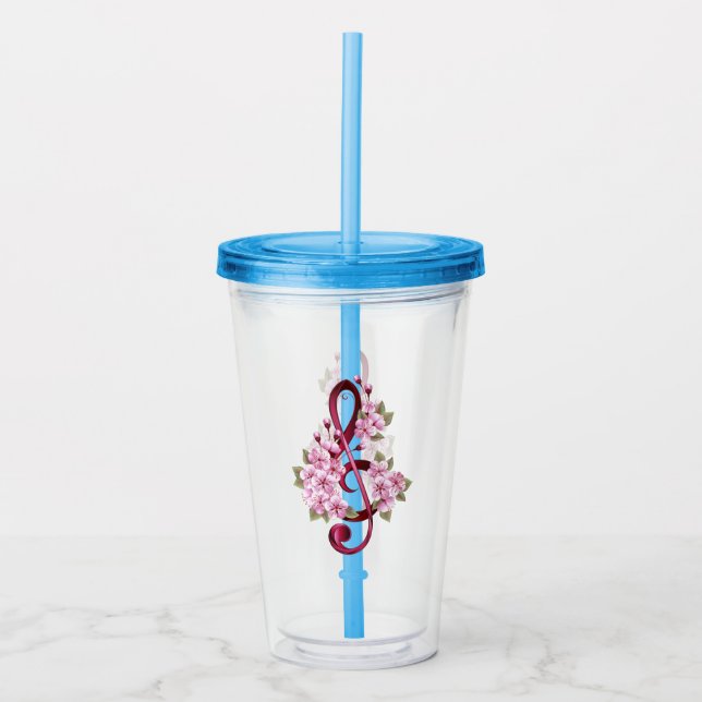 Musical treble clef notes with Sakura flowers Acrylic Tumbler (Front)