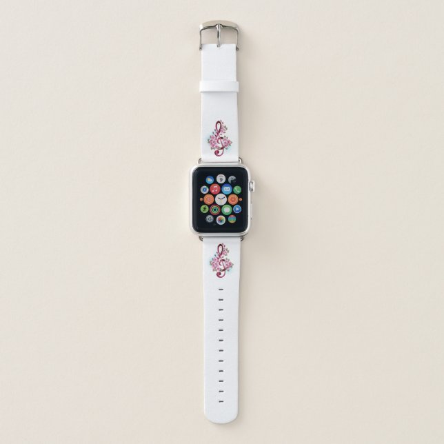 Musical treble clef notes with Sakura flowers Apple Watch Band (Front)