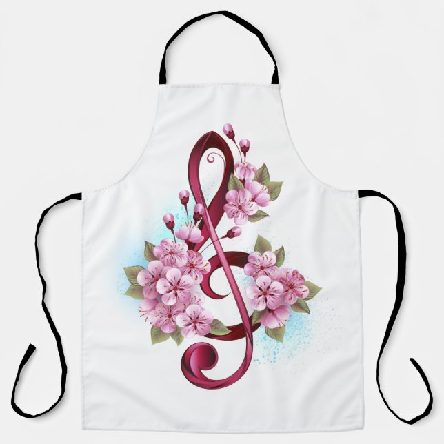 Musical treble clef notes with Sakura flowers Apron (Front)