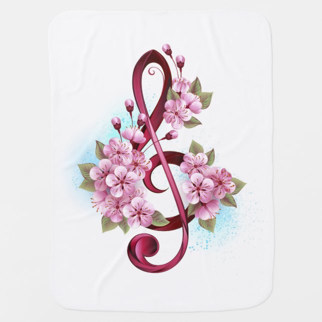 Musical treble clef notes with Sakura flowers Baby Blanket (Front)
