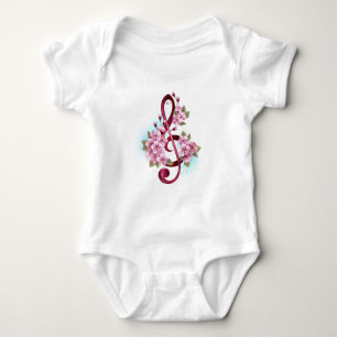 Musical treble clef notes with Sakura flowers Baby Bodysuit