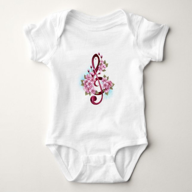 Musical treble clef notes with Sakura flowers Baby Bodysuit (Front)