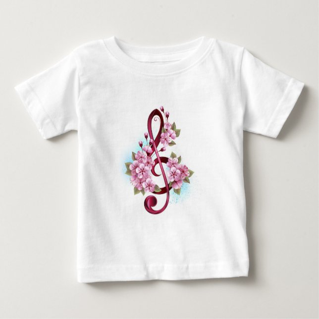 Musical treble clef notes with Sakura flowers Baby T-Shirt (Front)