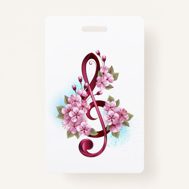 Musical treble clef notes with Sakura flowers Badge (Front)