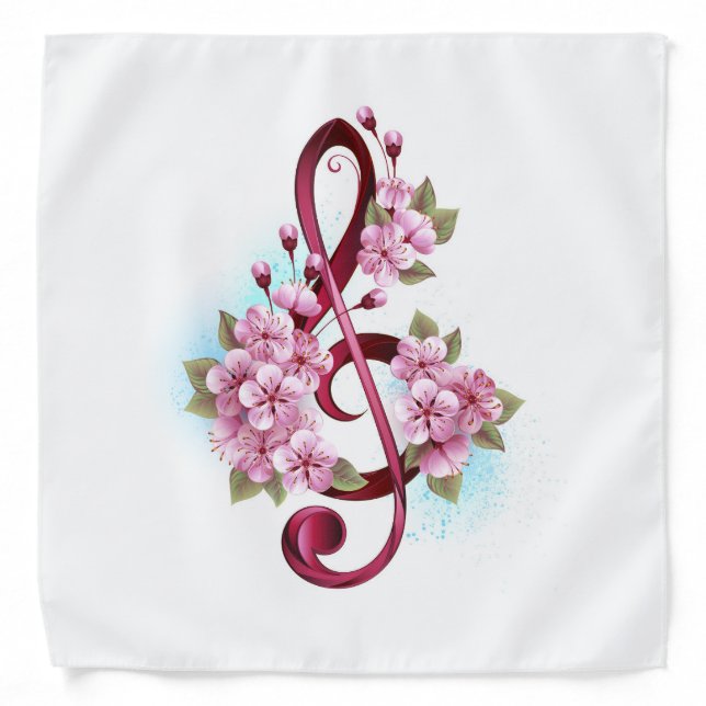 Musical treble clef notes with Sakura flowers Bandana (Front)