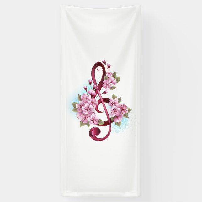 Musical treble clef notes with Sakura flowers Banner (Vertical)