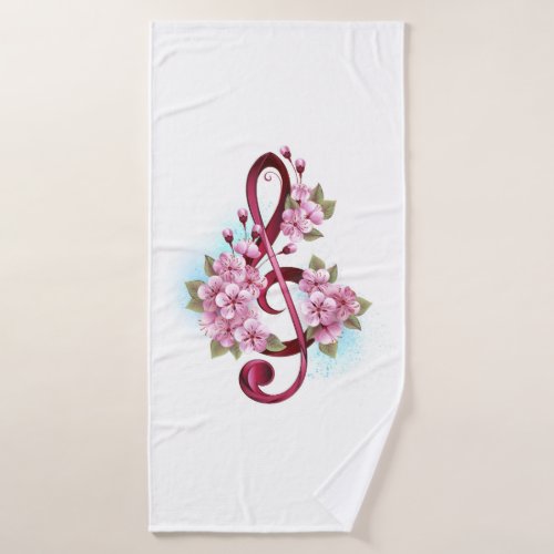 Musical treble clef notes with Sakura flowers Bath Towel