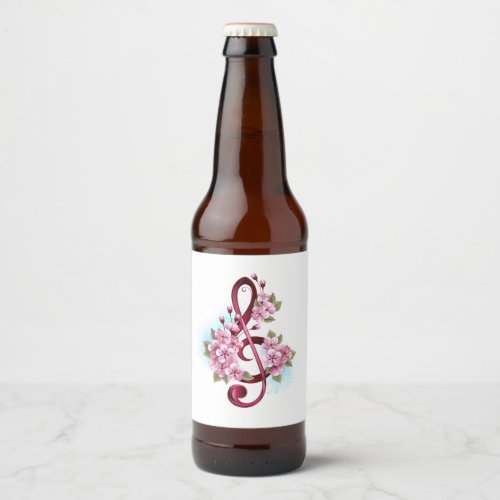 Musical treble clef notes with Sakura flowers Beer Bottle Label