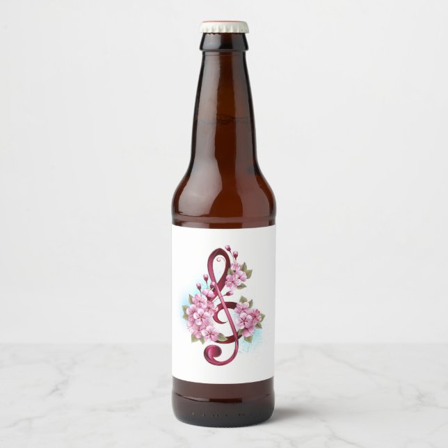 Musical treble clef notes with Sakura flowers Beer Bottle Label (Front)