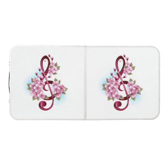Musical treble clef notes with Sakura flowers Beer Pong Table (Top)
