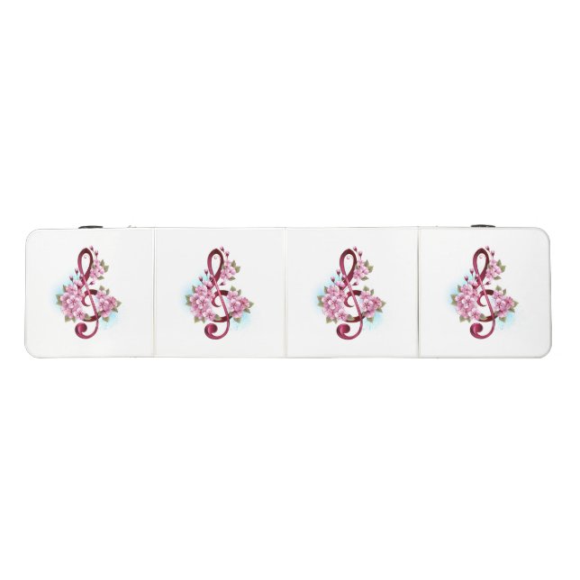 Musical treble clef notes with Sakura flowers Beer Pong Table (Top)