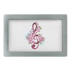 Musical treble clef notes with Sakura flowers Belt Buckle
