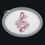 Musical treble clef notes with Sakura flowers Belt Buckle<br><div class="desc">Pink treble clef with delicate,  detailed pink Japanese cherry blossoms against white background painted over with light blue paint. Blooming pink sakura.</div>