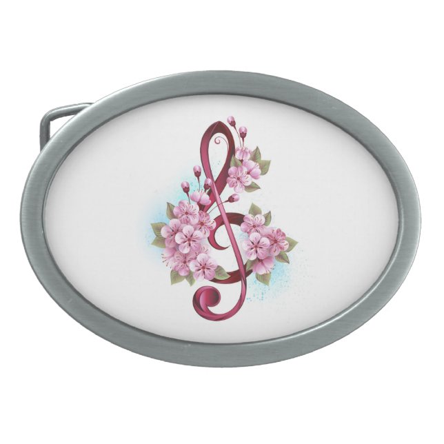 Musical treble clef notes with Sakura flowers Belt Buckle (Front)