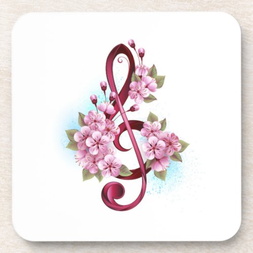 Musical treble clef notes with Sakura flowers Beverage Coaster