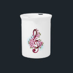 Musical treble clef notes with Sakura flowers Beverage Pitcher<br><div class="desc">Pink treble clef with delicate,  detailed pink Japanese cherry blossoms against white background painted over with light blue paint. Blooming pink sakura.</div>