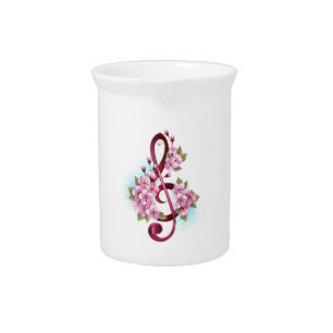 Musical treble clef notes with Sakura flowers Beverage Pitcher