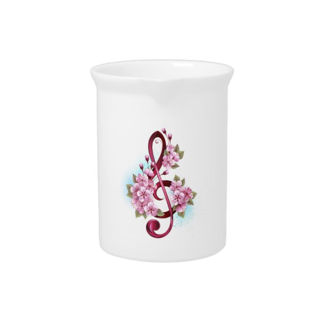 Musical treble clef notes with Sakura flowers Beverage Pitcher (Front)