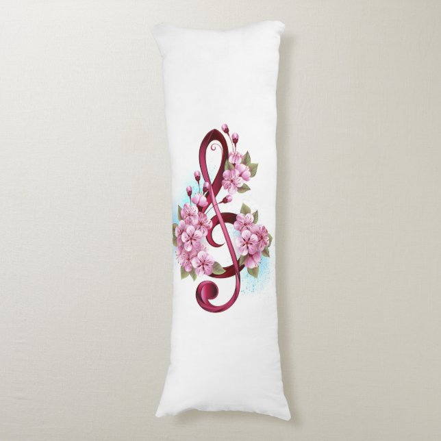 Musical treble clef notes with Sakura flowers Body Pillow (Front Vertical)